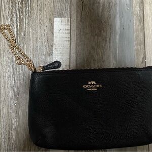Coach Black Leather Wristlet with Gold Chain Strap